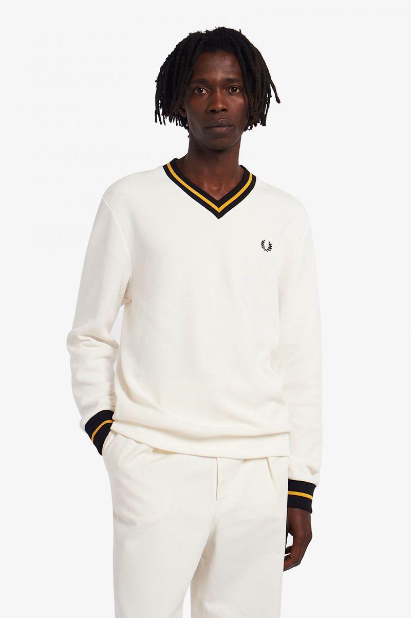 White Fred Perry Tipped Piqué Textured Jumper Men\'s Knitwear | PH 1327GSOL